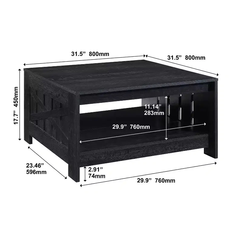 Table basse carrée de style rustique de 80 cm avec rangement ouvert pour salon