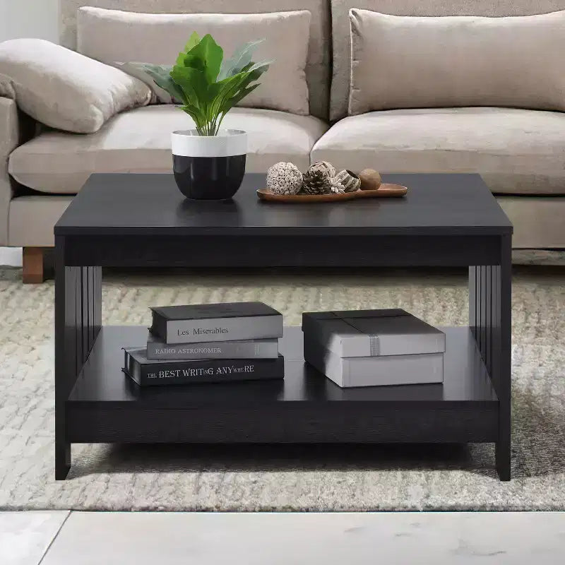 Table basse carrée de style rustique de 80 cm avec rangement ouvert pour salon